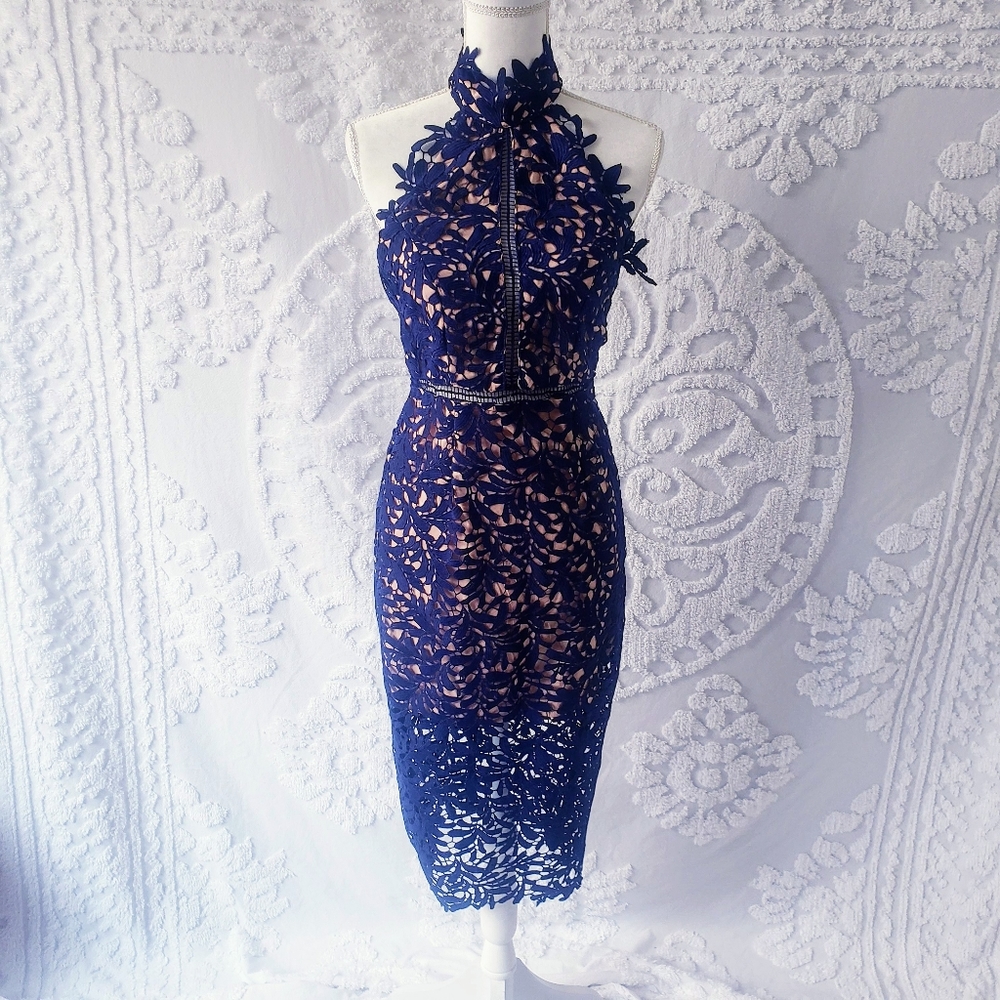 LULU'S BLUE LACE HIGH NECK MIDI DRESS